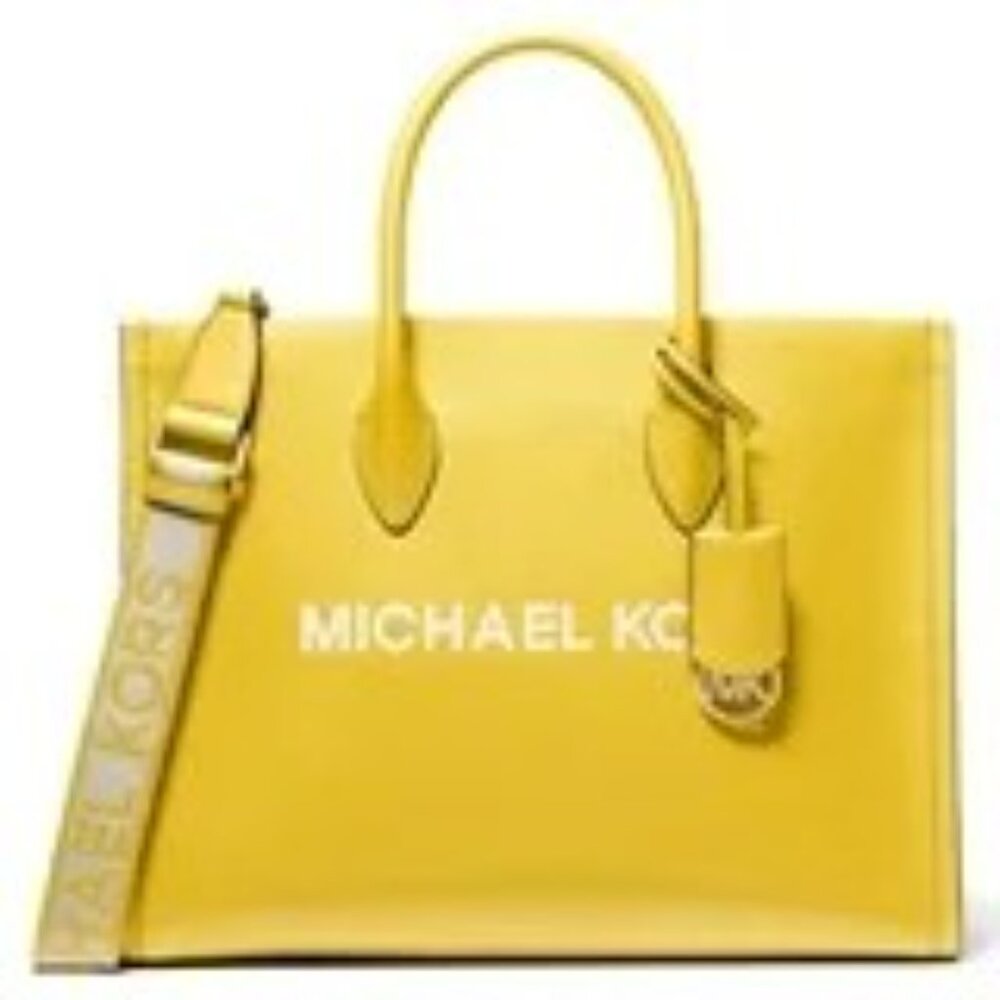 Michael Kors Daisy Yellow Mirella Medium Pebbled Leather Top Zip Tote Bag
